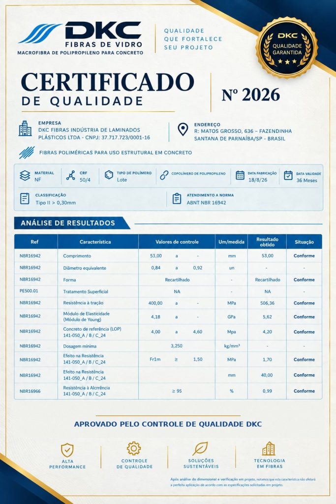 Certificado de qualidade da macrofibra de polipropileno DKC Fibras